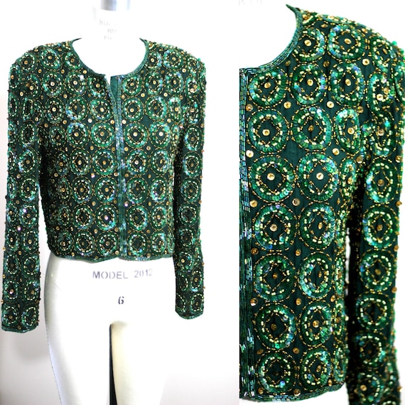 Sz Medium//Beaded Green Sequin Jacket//Beaded bole