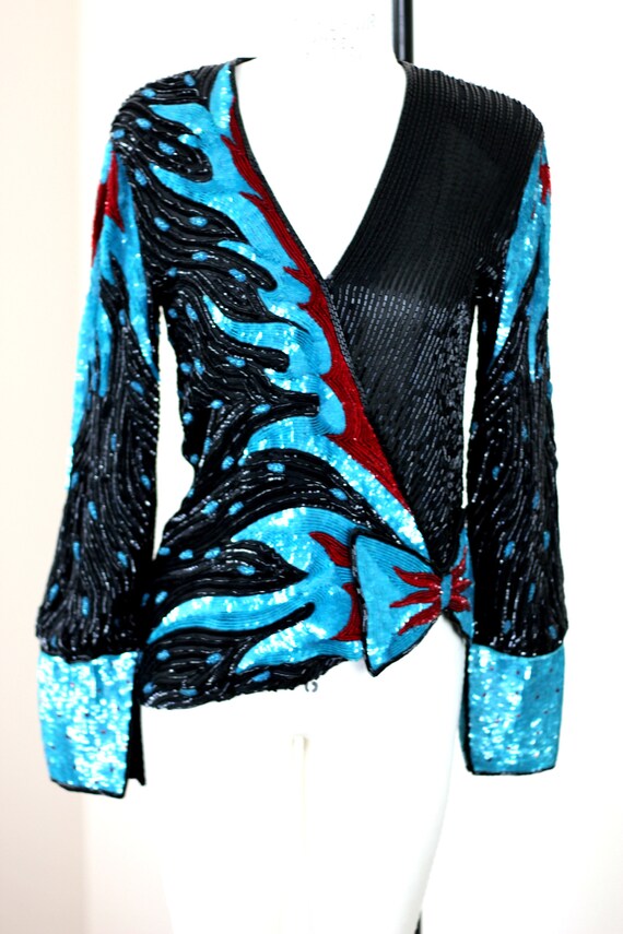 Sz L //Amazing Sequin Jacket//  Beaded bow with B… - image 3