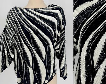 Vintage Shomax Originals Black White Sequin Top, Asymmetrical Handkerchief Hem Beaded Dolman Sleeve Statement Blouse (Sz S)