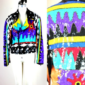 Sz S// Amazing Colorful Fully Sequined Black Bomber Jacket//80&#39;s Glam Jacket