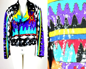 Tamanho P// Incrível jaqueta bomber preta colorida totalmente com lantejoulas//Jaqueta glam dos anos 80