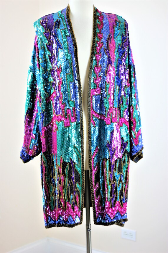 Sz 1x// Fabulous Sequin Coat Kimono// Beads silk … - image 2
