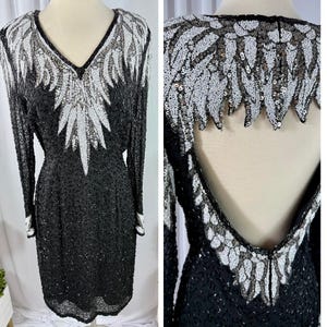 Size 8//Black Tie Beaded Sequin Black and Silver Cocktail Dress//Art Deco Glam with Stunning Back