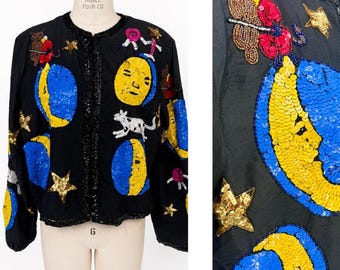 Zeldzame vintage "Hey Diddle Diddle" pailletten jas, grillig verhalenboek kralen jas, maan & koe nieuwigheid kunst jas (Sz M)