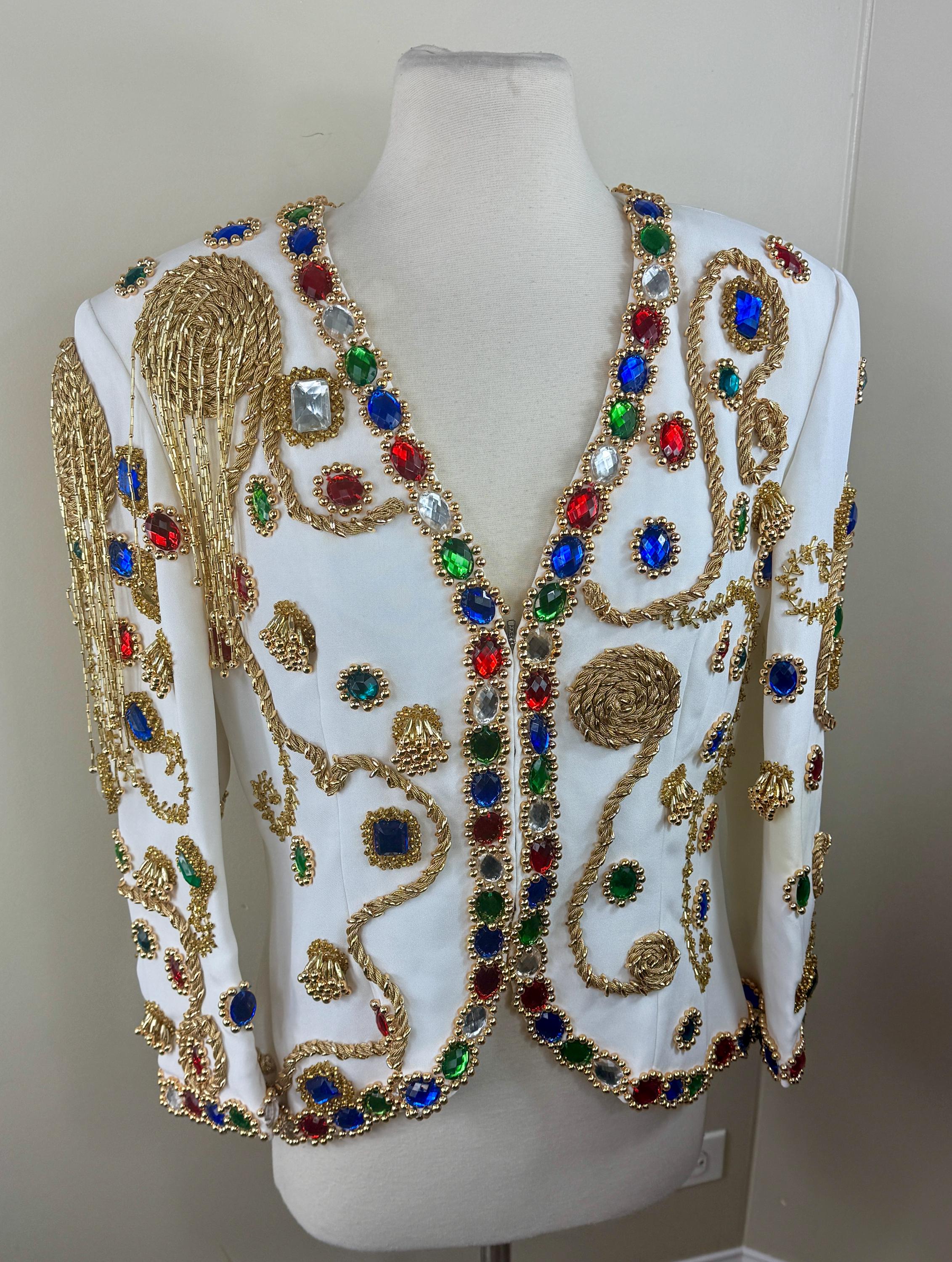 Size 14//vintage White Jeweled Beaded Jacket//80s White Gold