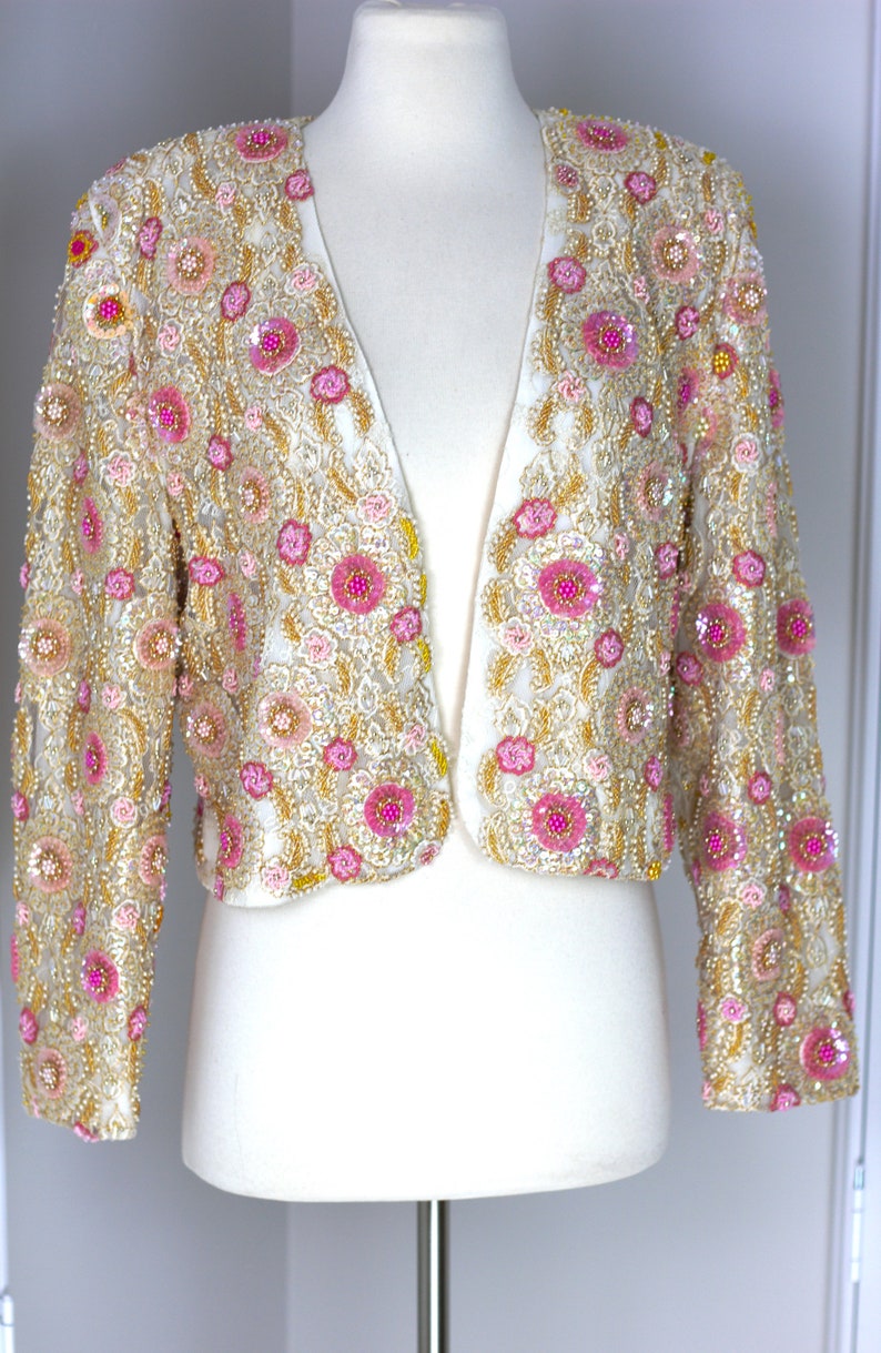 Sz s/m// With tags Hand beaded Vintage bolero jacket// Stunning pearls sequins image 2