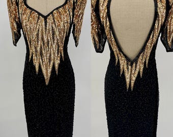 Sz 6//Vintage Power Glam Black & Gold Beaded Sequin Gown//Dramatic Open Back Statement Dress/NWT