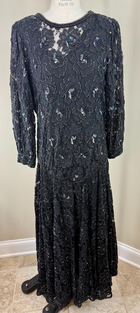 Size L//Gatsby Noir Floral Lace Drop Waist Glam//Vintage Sequin Beaded Lace Overlay Dress Size L//Gatsby Noir Floral Lace Drop Waist Glam//Vintage Sequin Beaded Lace Overlay Dress