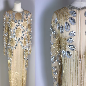 Sz 10// Vtg Lillie Rubin Stunning Couture Ivory Silver Gown// Peacock Beaded Sequins