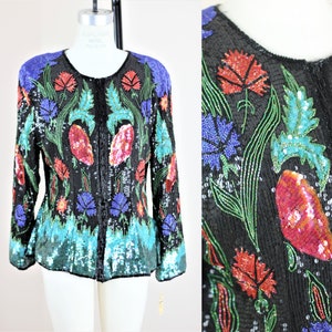 Sz M//Deadstock Vintage Sequin Jacket//Glamorous Black Beaded Silk Jacket
