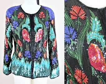 Sz M//Deadstock Vintage Sequin Jacket//Glamorous Black Beaded Silk Jacket