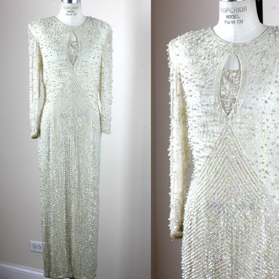 Sz M// All Sequin Beaded gown// Ivory Silk Cassini