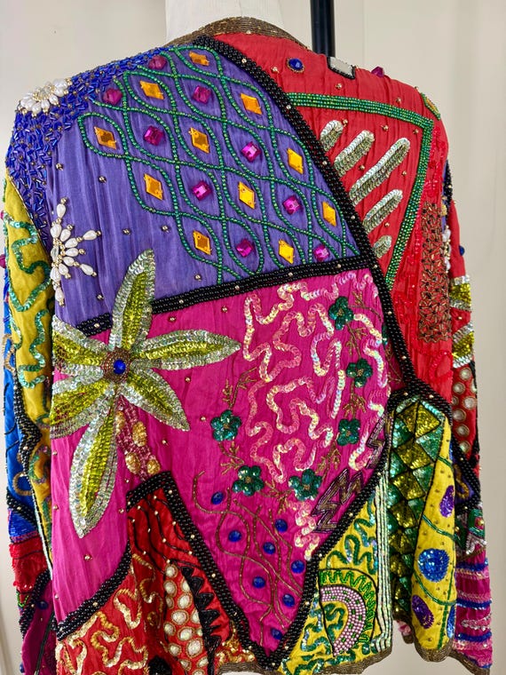 Size S//Colorful Patchwork Sequin Silk Statement … - image 5