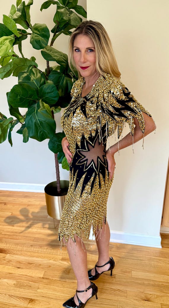 Buy Sz M//firework Dress//heavy Beaded Gold Black Sequins and Silk//sheer Star Sides//gold Fringe Sleeves Online in India - Etsy Buy Sz M//firework Dress//heavy Beaded Gold Black Sequins and Silk//sheer Star Sides//gold Fringe Sleeves Online in India - Etsy