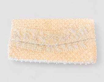 Vintage ivoren clutch met kralen, bruidstasje voor 's avonds, envelopclutch met parelkralen, trouwtasje