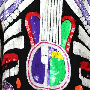 Size 12//Colorful Abstract Sequin Jacket//Vintage Novelty Guitar Neon Glam Jacket