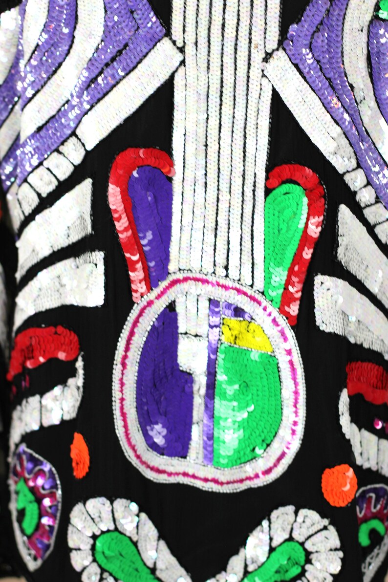 Size L//Abstract Beaded Sequin jacket// Novelty Guitar Music// Vintage image 6