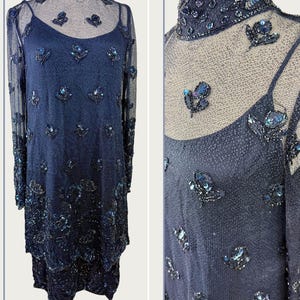 Size M//vintage Judith and navy blue high neck flapper dress//Sheer Overlay Sequin Beaded Dress