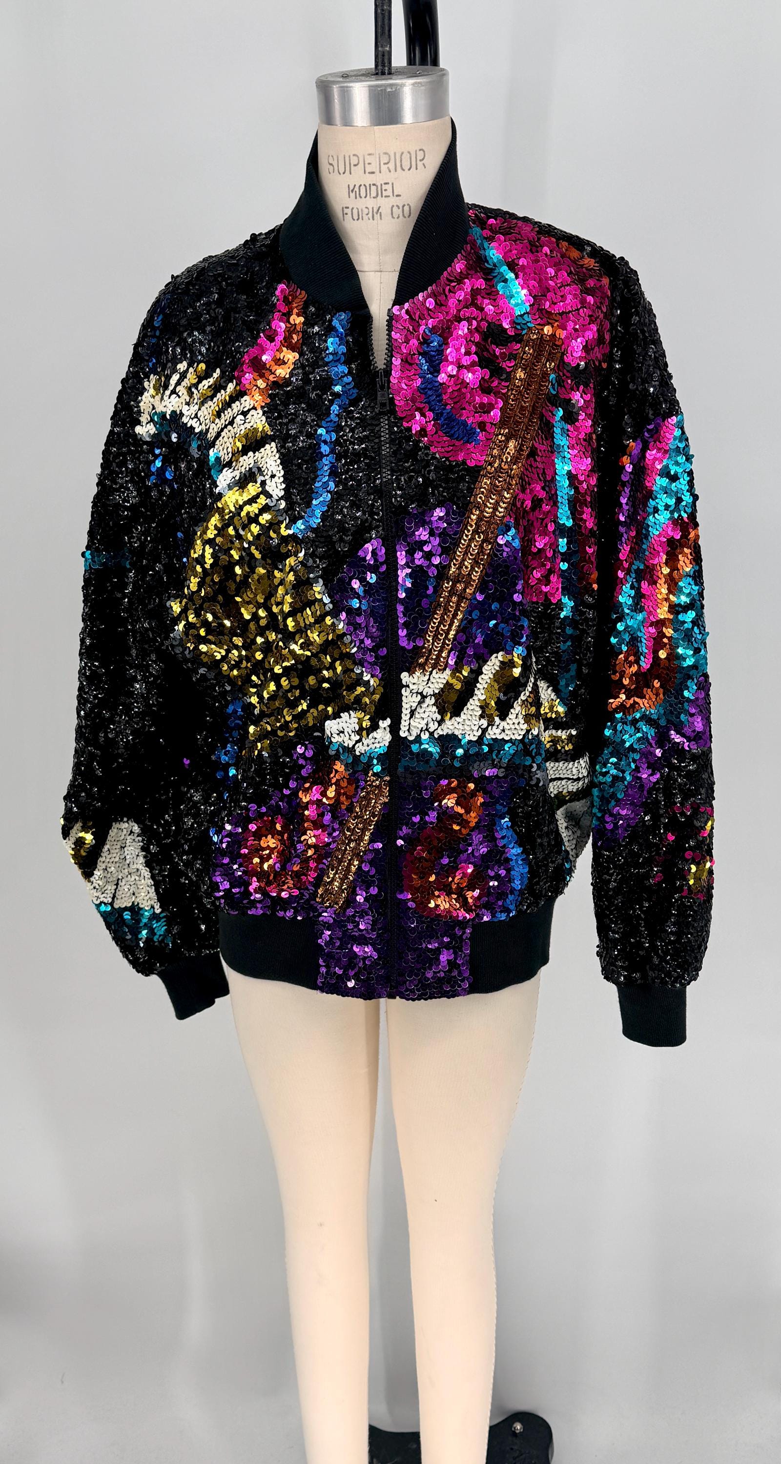 Sz 8//electric 80s Sequin Music Jacket//guitar + Piano Motif