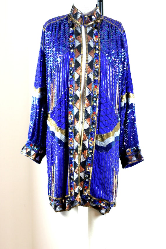 Sz L// Blue Sequin Beaded Jeweled Long Jacket// D… - image 2