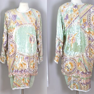 Sz Xl//Judith Ann Soft Pastel Colors Sequin Beaded Dress// 1980s Oversized