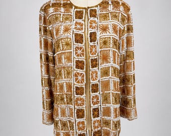 Vintage Wood Beaded Jacket, Gold Ivory Open Front Jacket, 80s Boho Luxe Jacket Resort Wear, Long Neutral Jacket (Sz M)