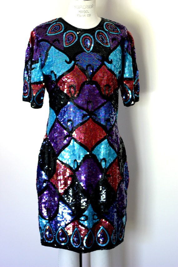 Size M// Unique Heavily beaded sequin dress//Silk… - image 2