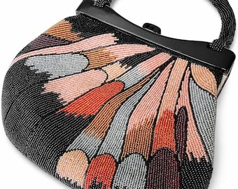 Zeldzame vintage handtas met kralen, avondtas in mid-century modern stijl, zwarte tas met microkralen, cocktailtas in art-deco stijl
