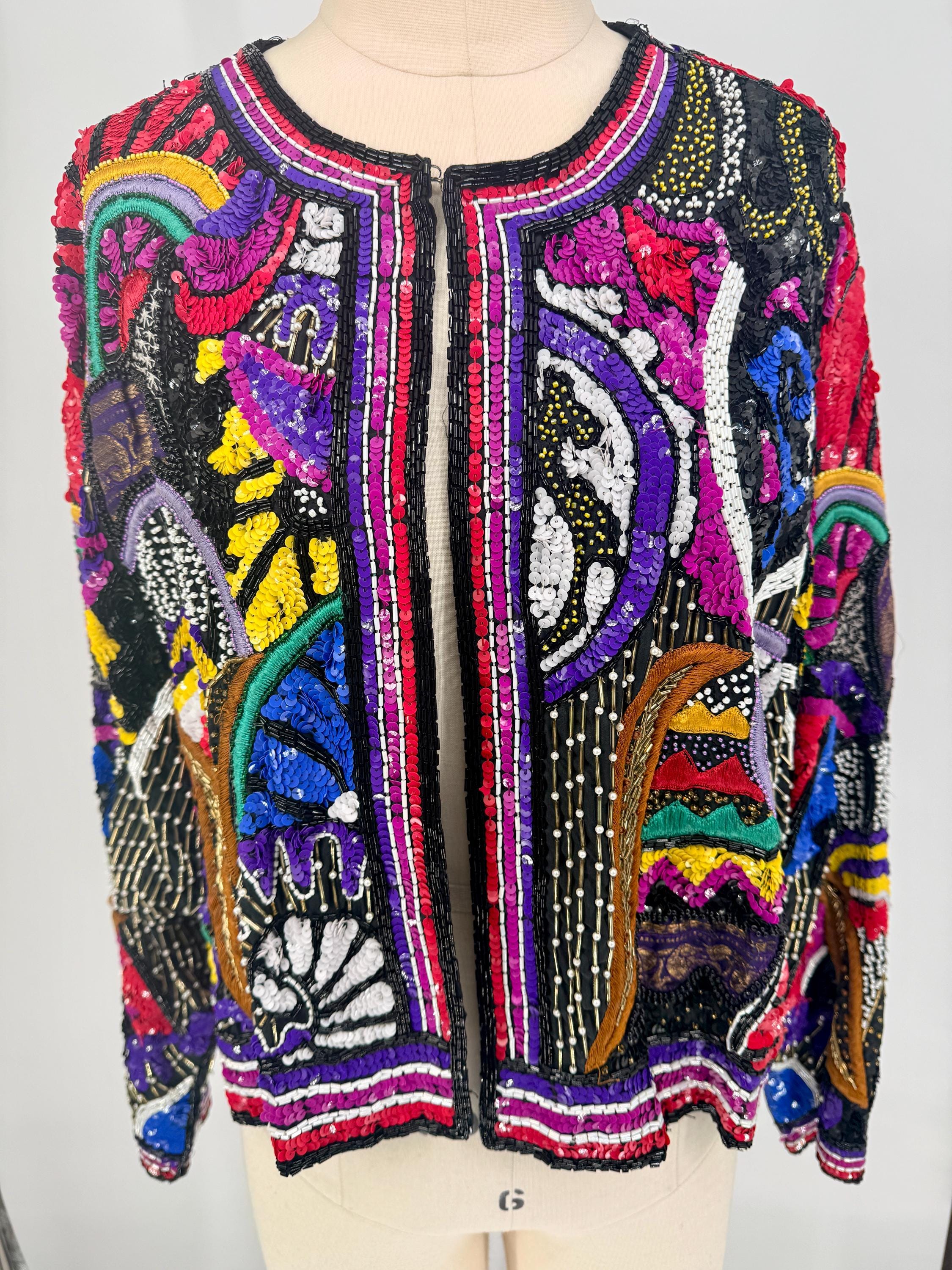 Sz S//funky Bold Colors Judith Ann Jacket//heavily Sequined Beaded
