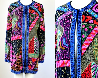 Sz S//Exquisite Long Patchwork Sequin Jeweled Beaded Jacket// Long Blazer duster