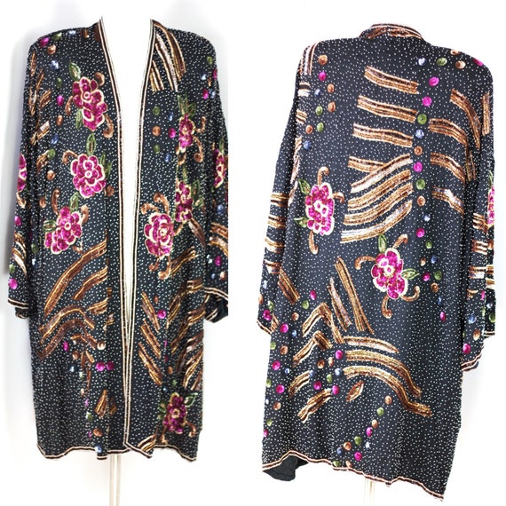 Sz XL// Amazing Duster Coat// Beaded sequins FLor… - image 1