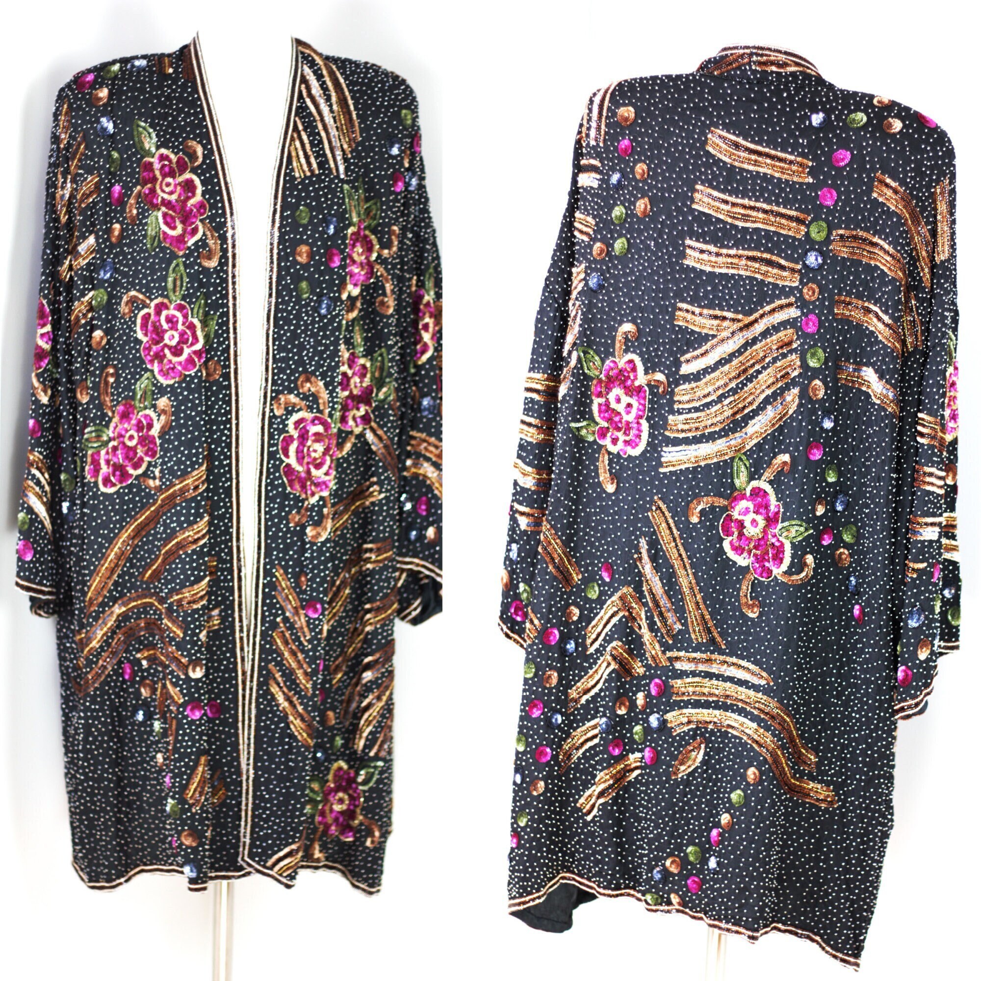Cappotto Spolverino Cadari London In Pizzo Marrone Con Paillettes Bronzo E Perline – Taglia XL
