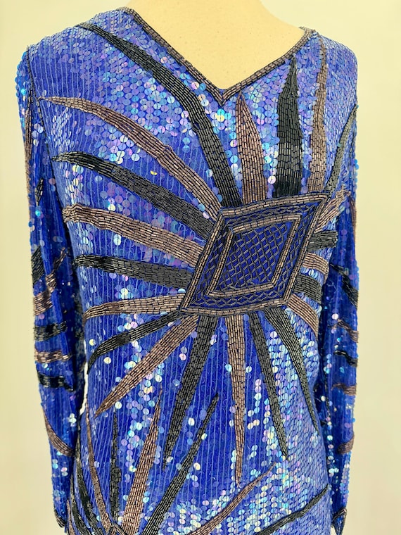 sequin beaded shift dress Sz Xs//royal Blue Starburst Dress//flapper Style Beaded fringe dress