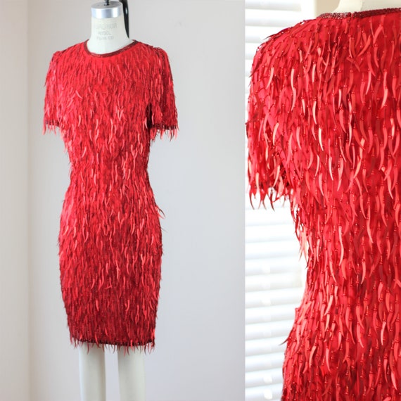Sz 6//Vintage Sharks Tooth Beaded Dress//Fun Funky Red Beaded Dress