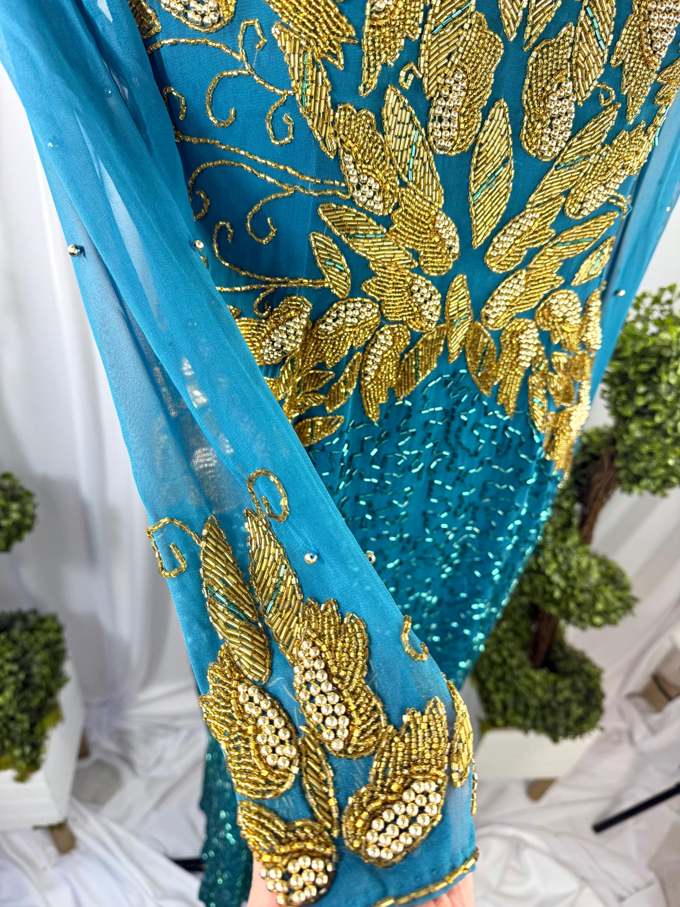 teal and gold sequin dress Primavera Couture 4408 Bare Back Two Tone Sequin Dress
