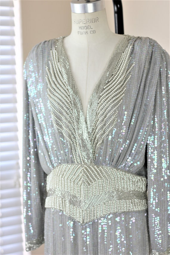 Sz L// Gray Pearl Beaded Sequined Dress// Long De… - image 4