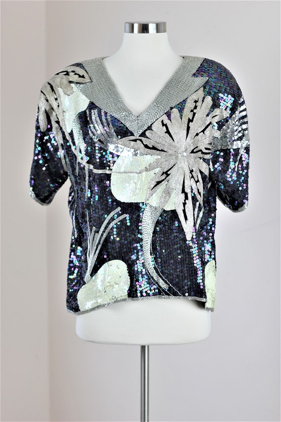 Sz L// St Martin Heavily beaded sequined top// Am… - image 2