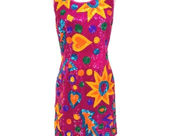 Vintage Buntes Pailletten Kleid, Pop Art Mini Kleid, 80er Jahre Abstrakte Perlen Party Kleid, Funky Neuheit Kleid (Gr. M)