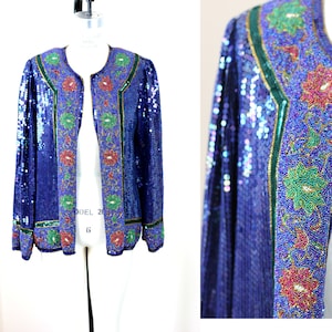 Size L//Stunning Royal Blue Sequin Petite Heavily Beaded Jacket//Glam Party Jacket Saks Fifth Ave.