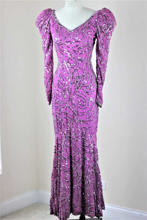Sz 4// 1980s Purply Pink Sparkle gown// Sequin be… - image 2