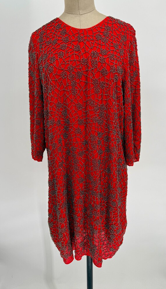 js collection beaded dress Beige V-Neck Long Sleeve Beaded Fringe Dress