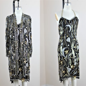 Sz S// 2 pc Stars moons Silver gold Duster & dress// Vintage Judith ann sequin Beaded jacket and dress
