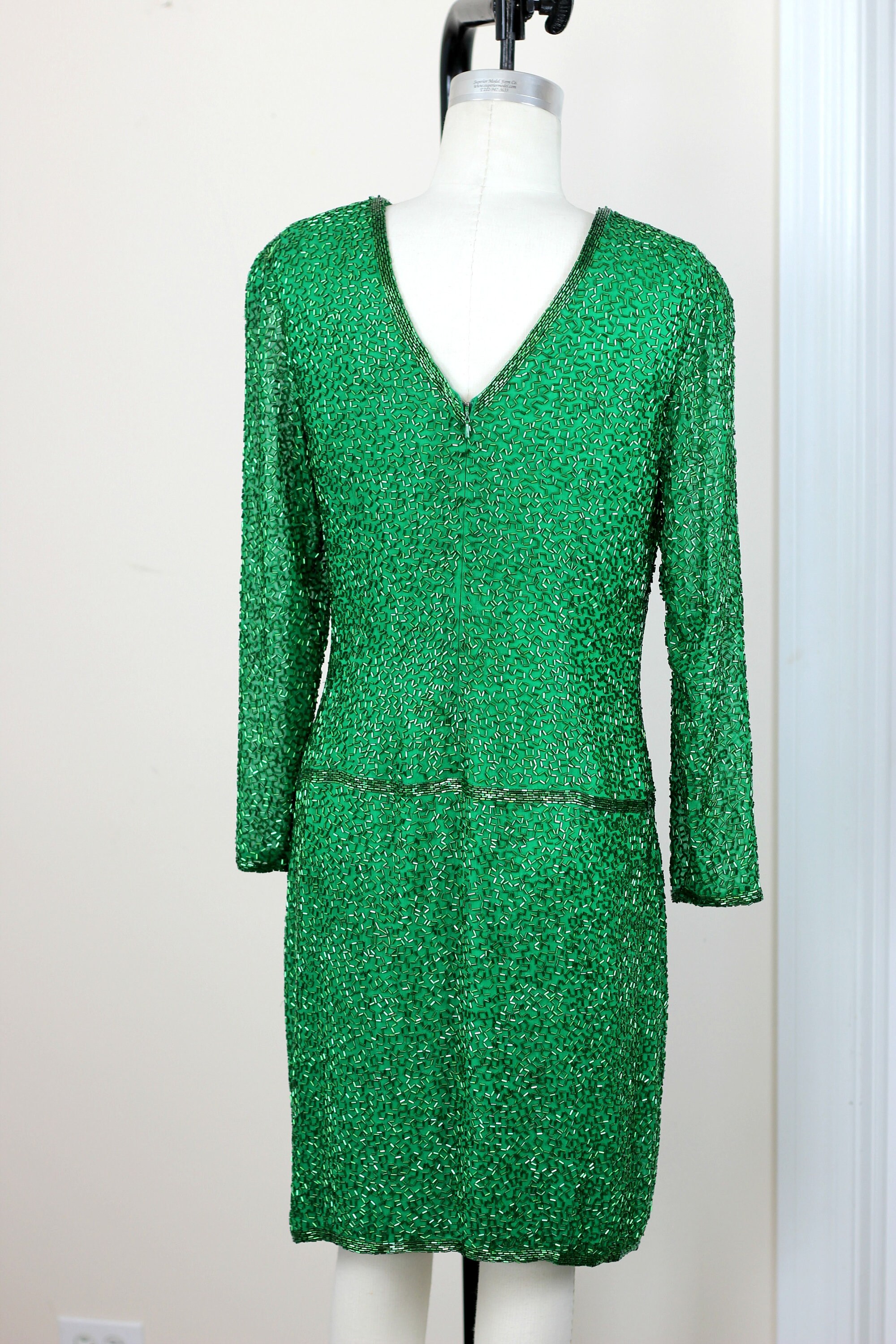 Size M//Drop Waist Emerald Green Flapper Sequin Dress//Vintage Beaded Dress by Black TIE