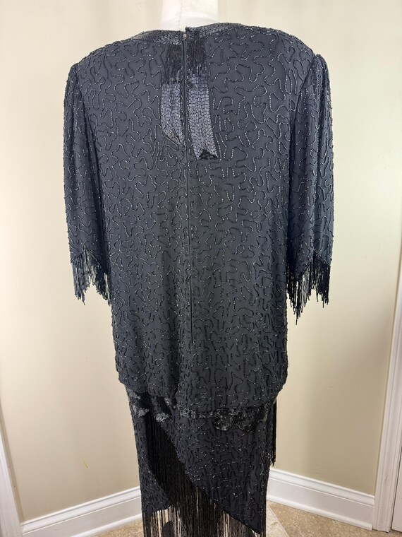 Size XL//Vintage Lillie Rubin Black Beaded Flapper Dress//80s Gatsby Fringe Dress | Art Deco Sequin Party Dress View 3