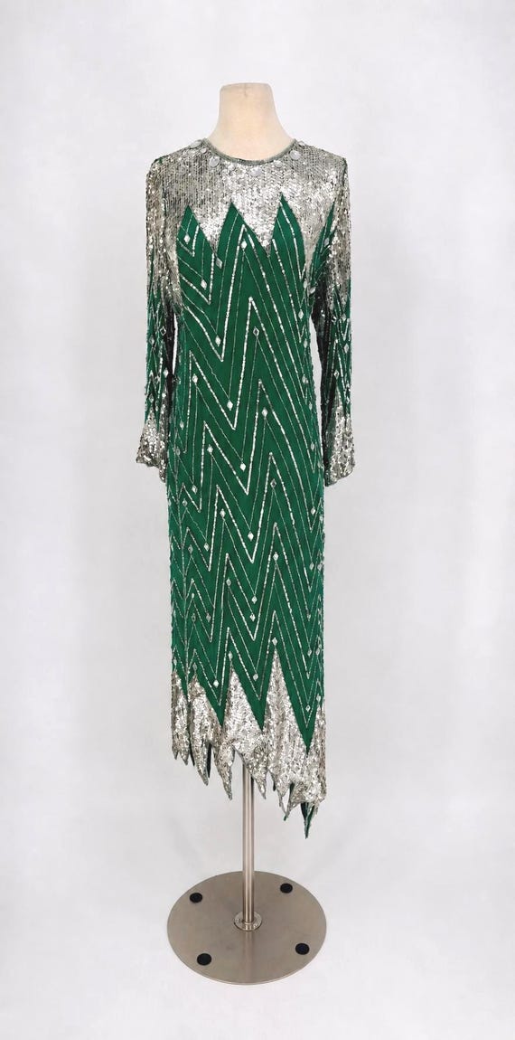 emerald green art deco dress Buy Vintage Judith Ann Gatsby Sequin Silk Dress: Beaded Gown With Jagged Hem (sz L) Online in India vestidos de quinceañera