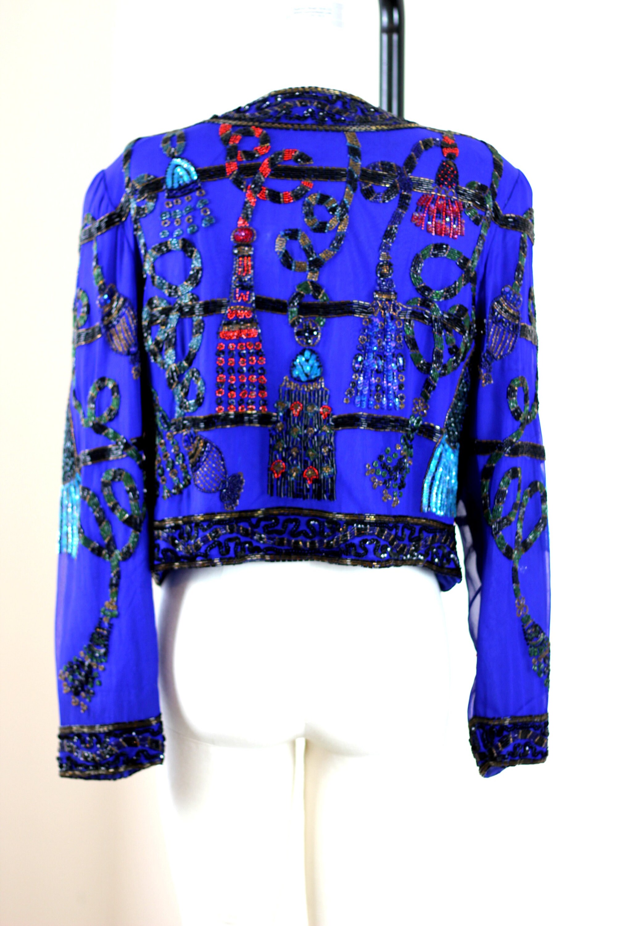 Sz L// Royal Blue Tassel Jacket// Beaded sequins silk bolero Etsy