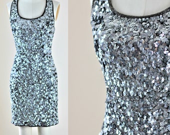 Sz M//Silver Sequin Dress// Beaded sequins Razor back