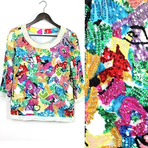 Sz S// Vintage Sequin Silk Top// Colorful  3/4 sleeves