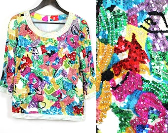 Sz S//Vintage Bold helle Pailletten Seide Top// Perlen Sommer Farben Farben 3/4 Ärmel