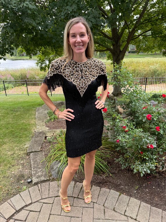 Sz S//Naeem Khan Amazing Beaded Black Fringe Dress//Riazee Sequin Pearls Beads